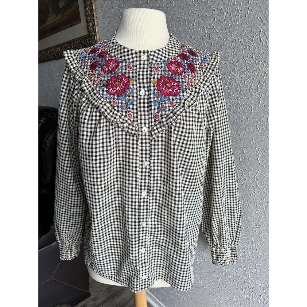 Savanna Jane Floral Embroidered‎ Gingham Boho Blouse Size Large Cottagecore